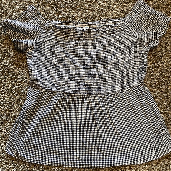Off the Shoulder Navy and Plaid Top - Picture 1 of 2